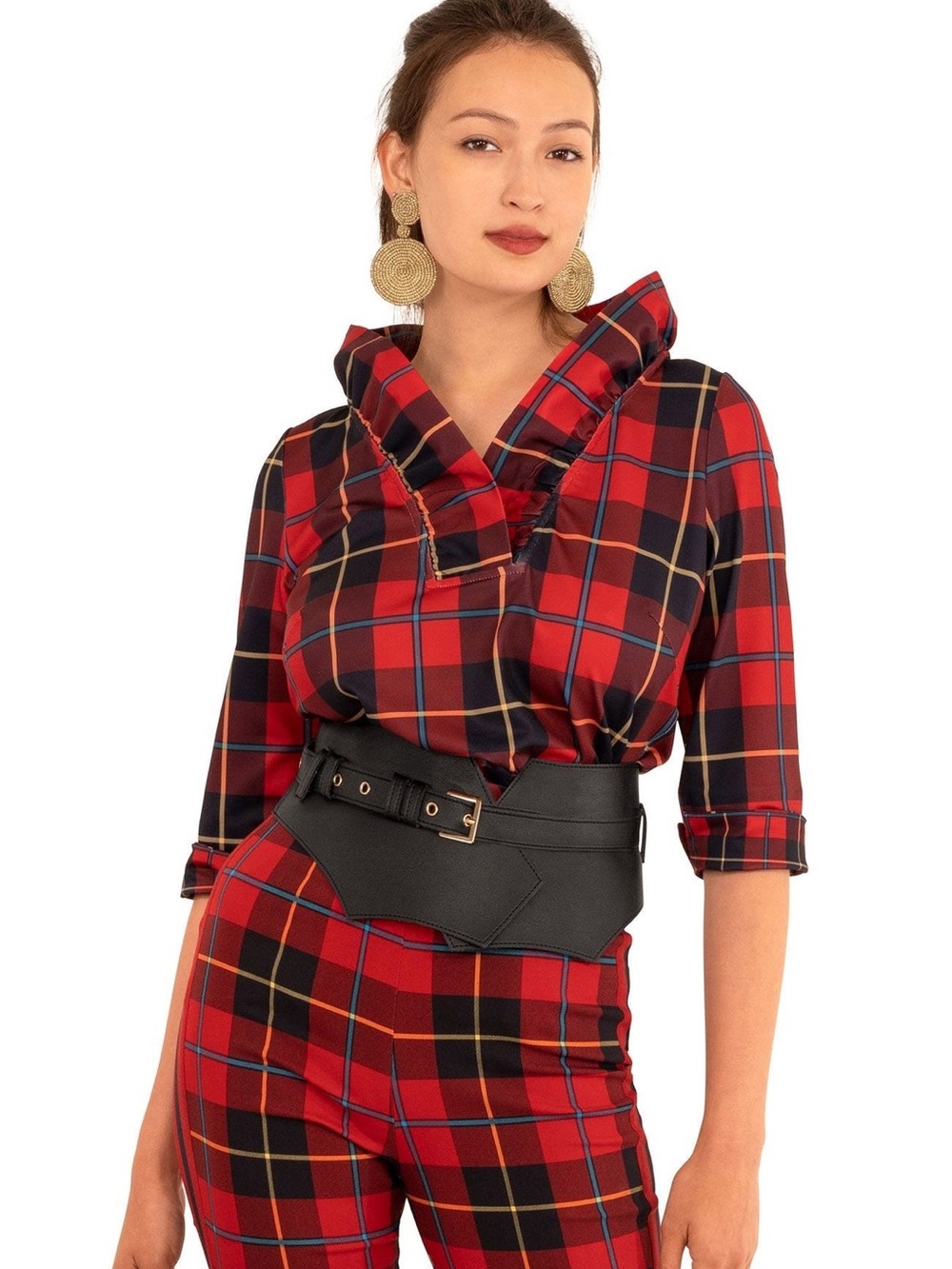 Gretchen Scott Ruffneck Top Tunic Plaidly Cooper Red Tartan Plaid Women's XL